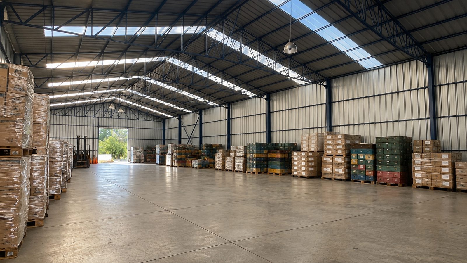 Interior de bodega de almacenaje con pallets de carga
